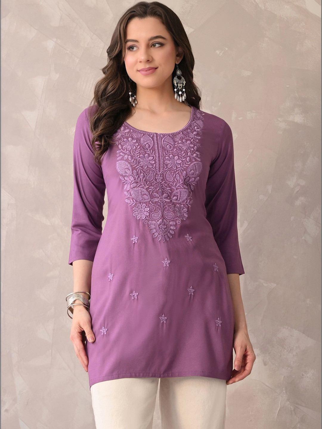 ROSHNI Women Floral Embroidered Round Neck Thread Work Cotton Regular Kurti