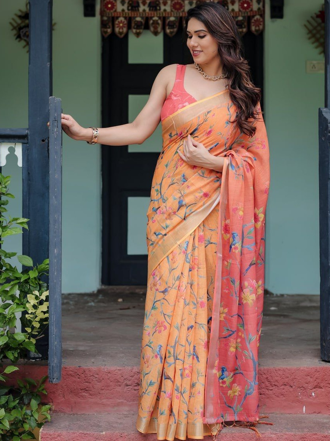 DHANLAXMI SAREES Floral Zari Pure Linen Fusion Kota Saree