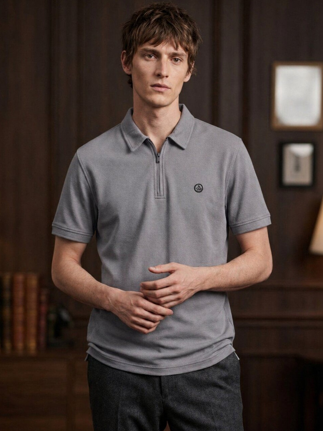 STRAY88 Grey Polo Collar Short Sleeves Cotton T-shirt