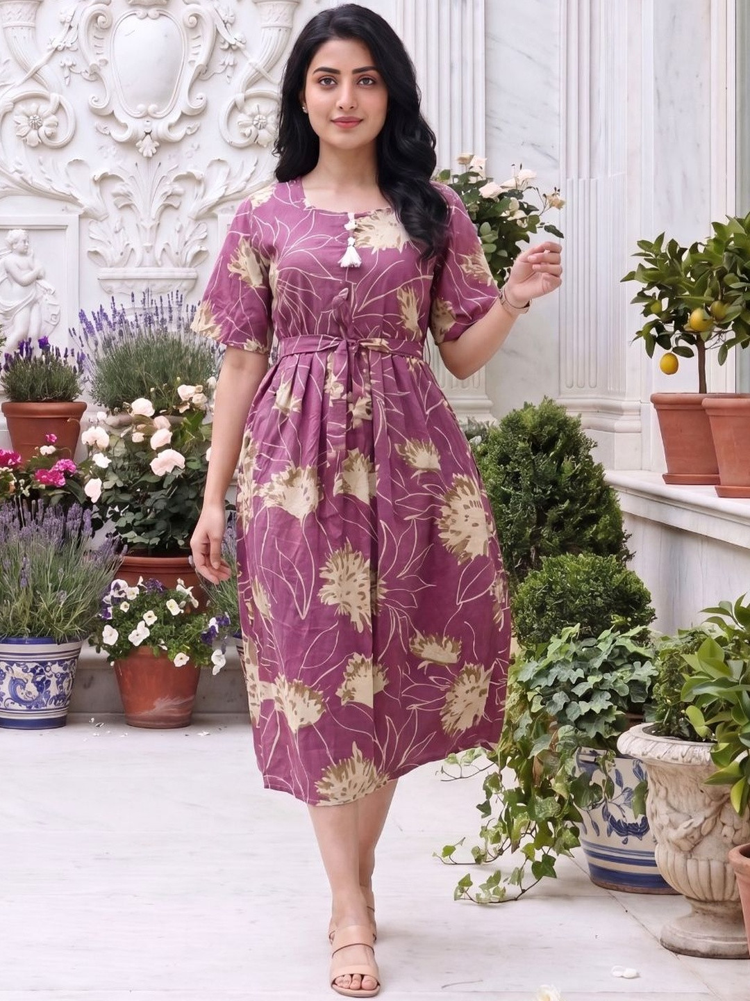 Asenne Floral Printed Round Neck Waist Tie-Up Belted Tiered Fit & Flare A-Line Midi Dress