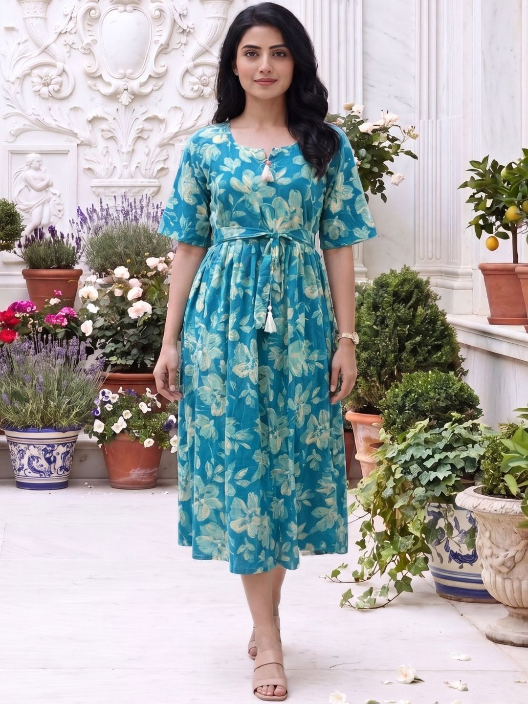 Asenne Floral Printed Notch Neck Waist Tie-Up Belted Tiered A-Line Midi Dress