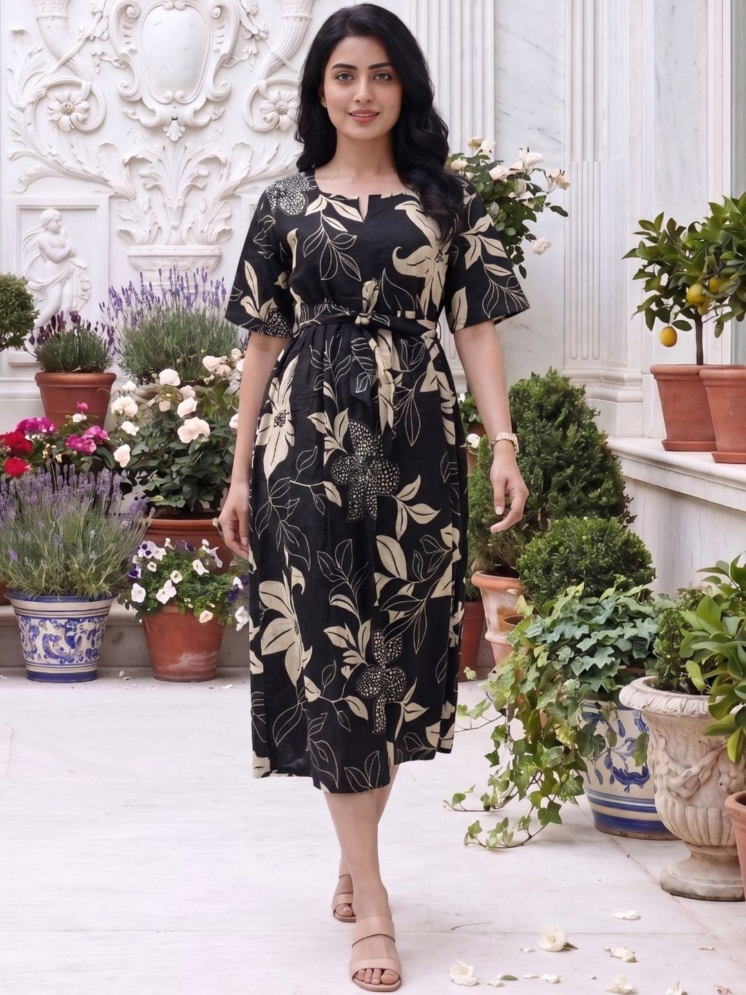 Asenne Floral Printed Notch Neck Waist Tie-Up Belted Tiered A-Line Midi Dress