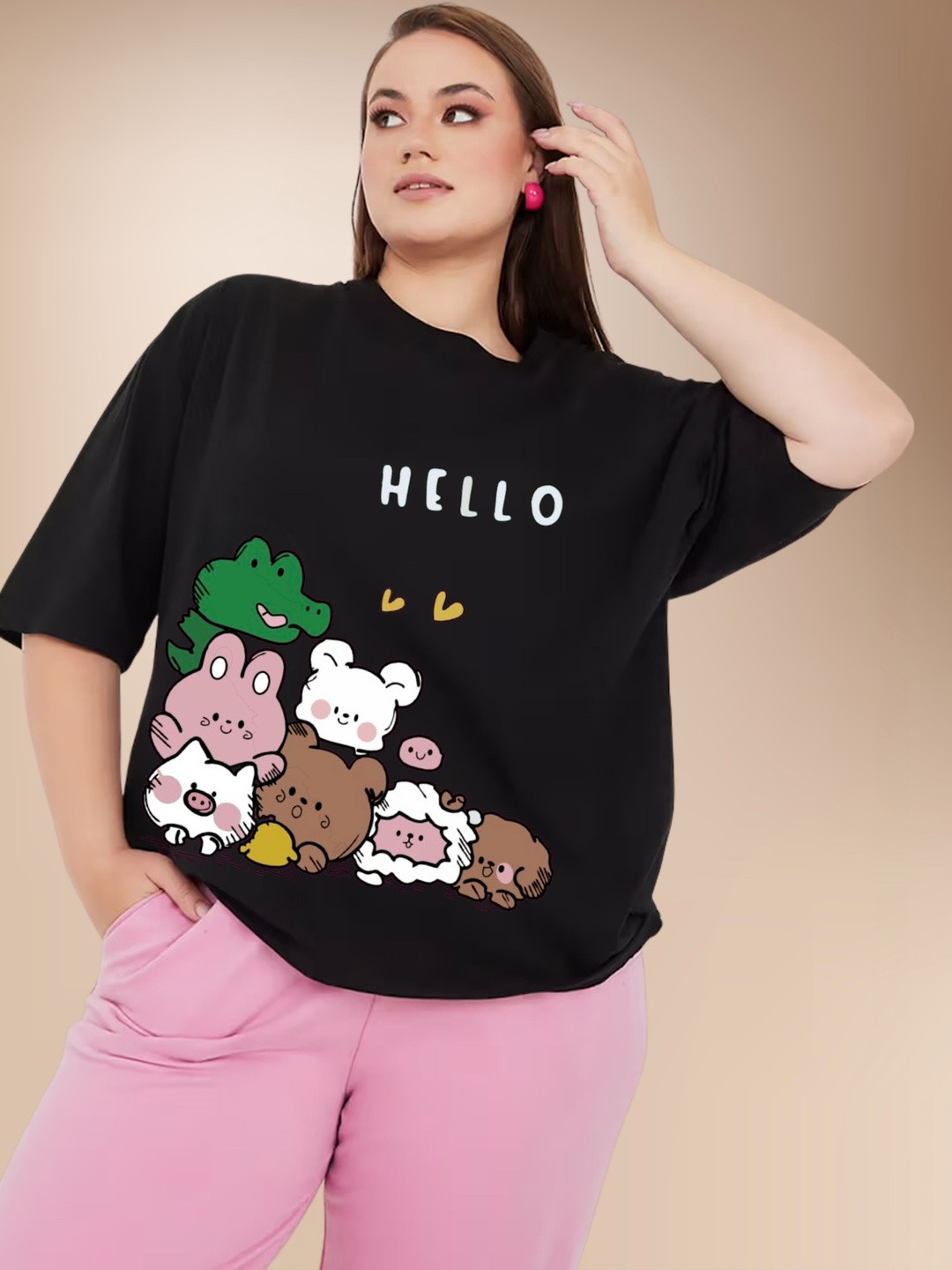 RAYACLOSET Women Printed Plus Size Cotton T-shirt