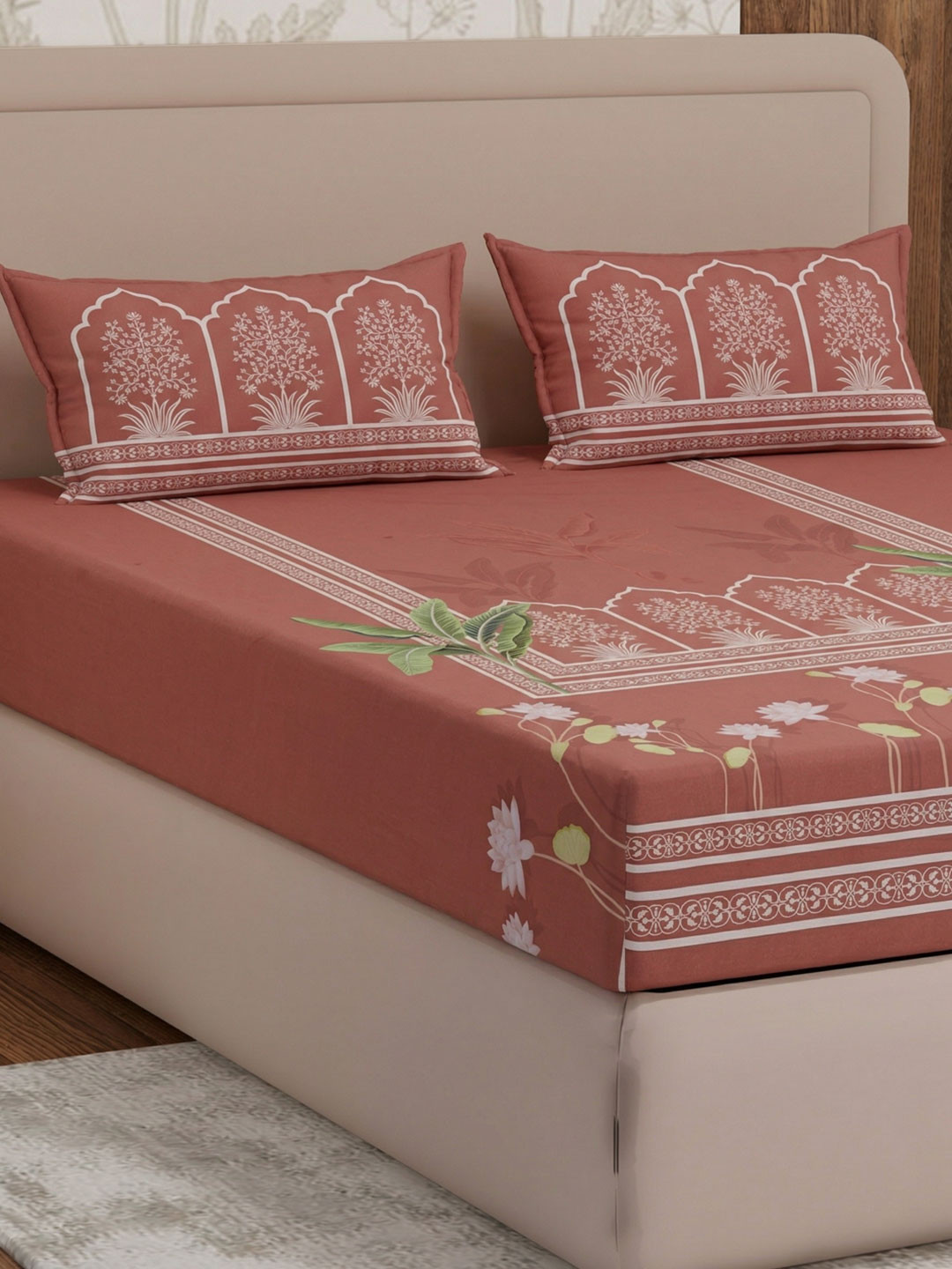 Monte Carlo Maroon Floral 180 TC Double Bedsheet with 2 Pillow Covers