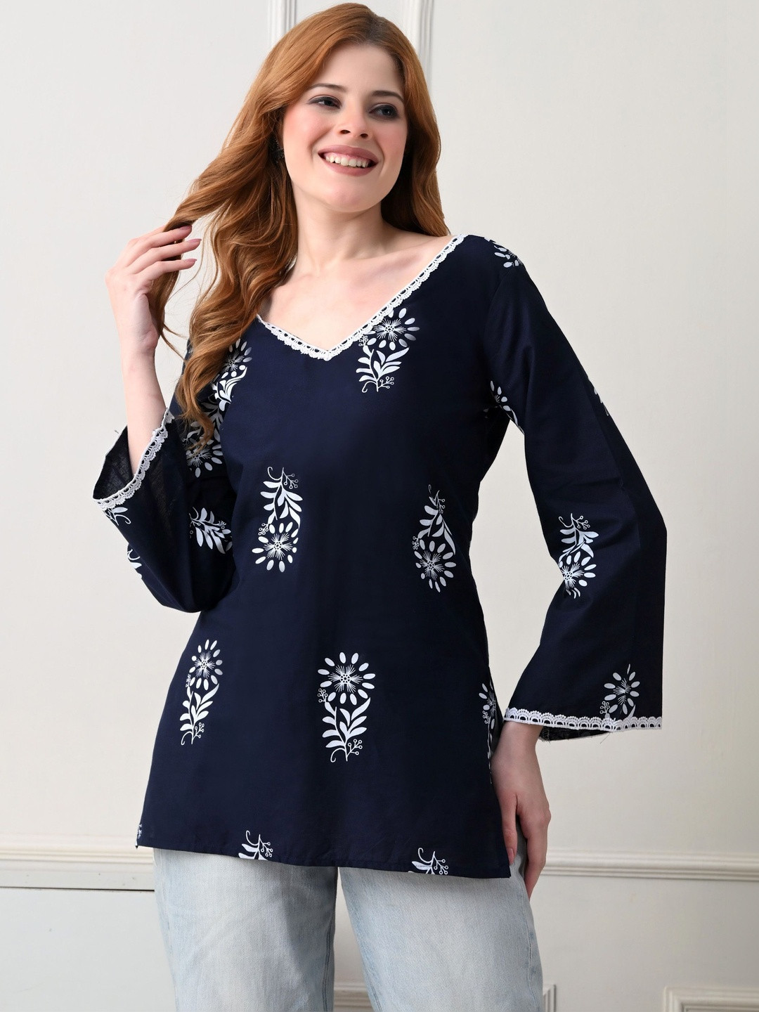 Koito Floral Printed V-Neck Chikankari Pure Cotton Chikankari Kurti