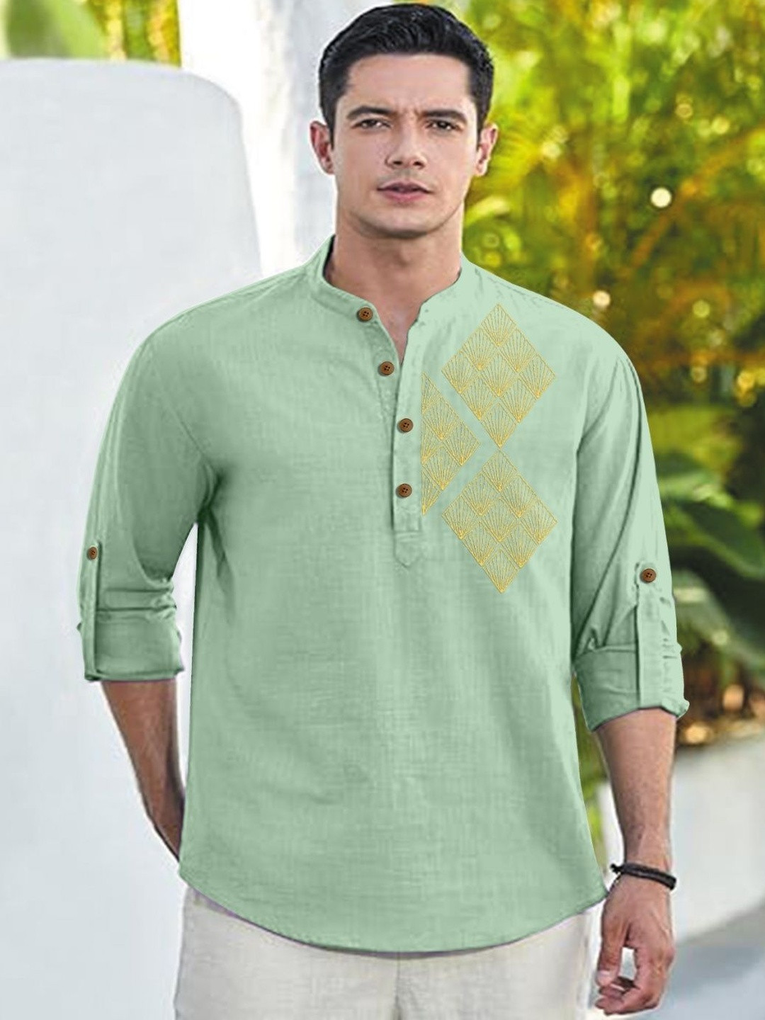 CLOTHING VEDA Men Cotton Geometric Printed Mandarin Collar Kurta