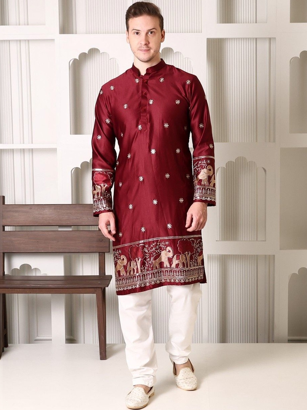 SHROBH Men Ethnic Motifs Embroidered Regular Thread Work Kurta with Pyjamas
