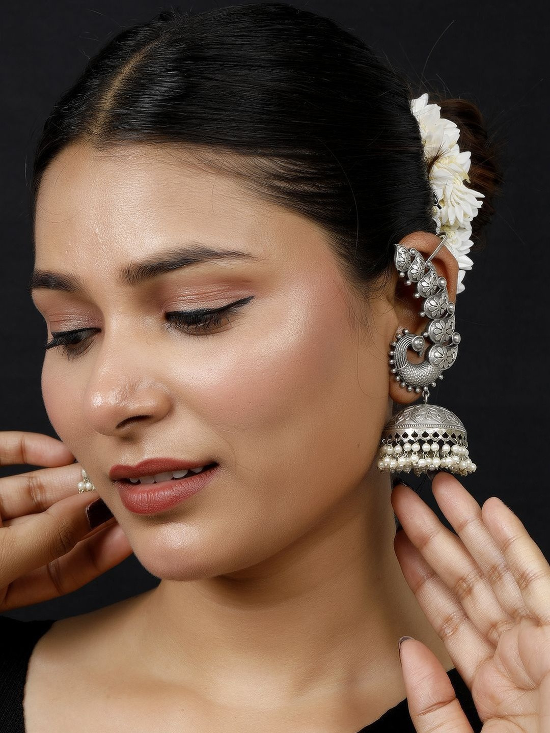 VIVAZS Silver-Plated Artificial Beaded Oxidised Peacock Dome Shaped Jhumkas