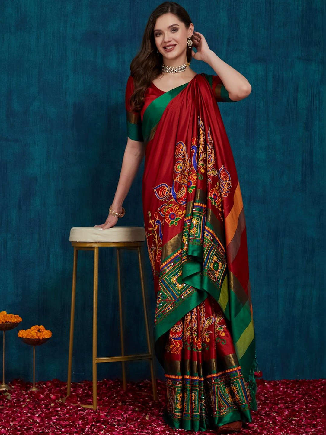 SERONA FABRICS Red & Green Ethnic Motifs Embroidered Silk Cotton Saree