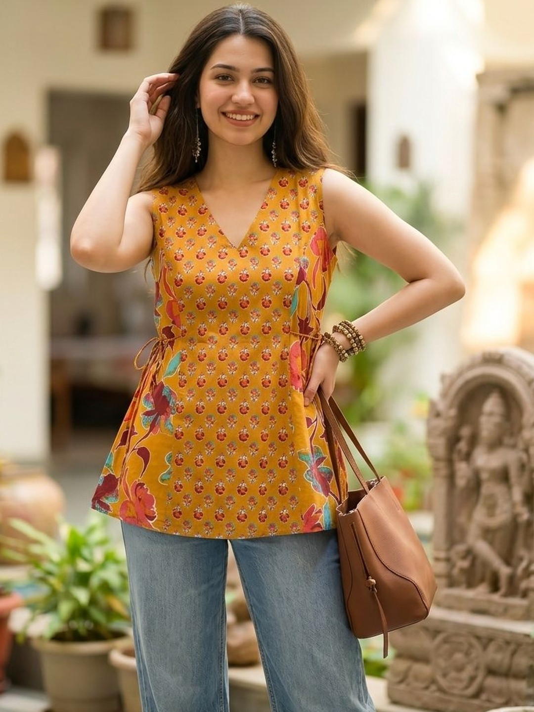 SAICHA Floral Printed V-Neck Pure Cotton Kurti