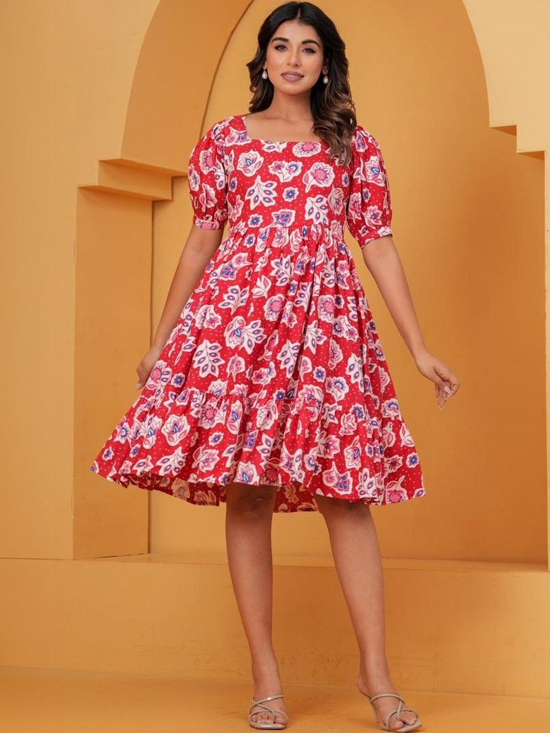 GHUMMAN SONAKSHI Floral Print Puff Sleeve A-Line Dress