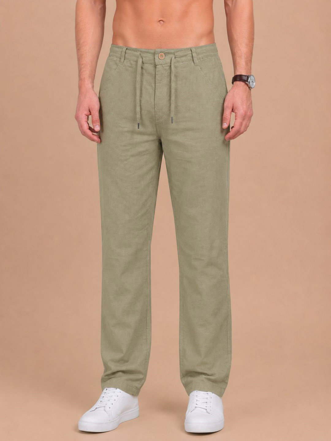 Hyraa Club Men Khaki Relaxed Fit Linen Trousers