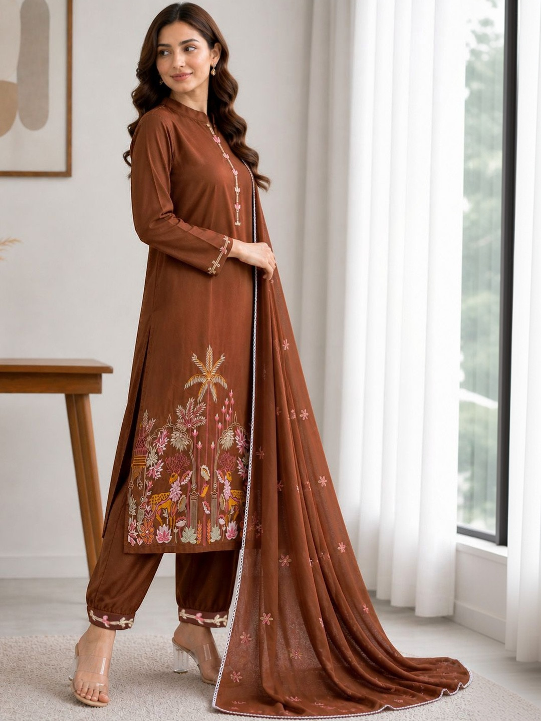 House of Pataudi Embroidered Mandarin Collar Kurta & Trousers With Dupatta