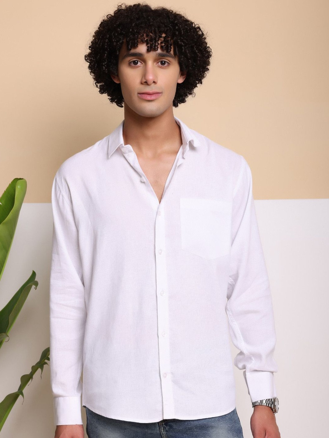 FILO HEVIS Men Linen Spread Collar Casual Shirt