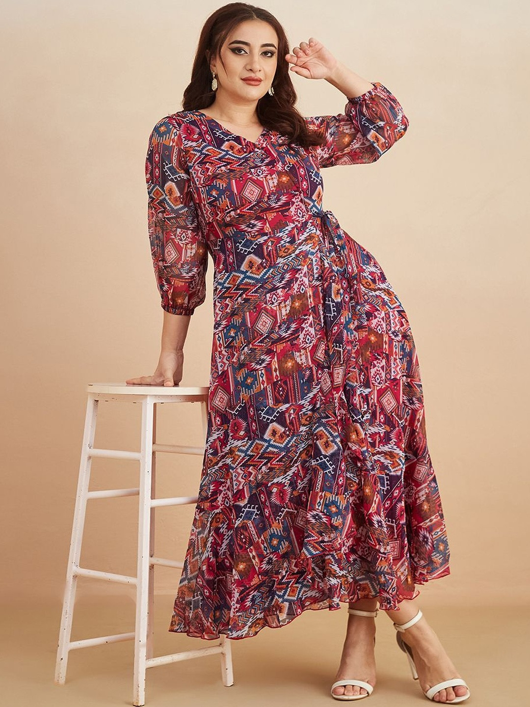 Miss Chase A+ Plus Size Women V-Neck Geometric Patterned Wrap Midi Chiffon Dress