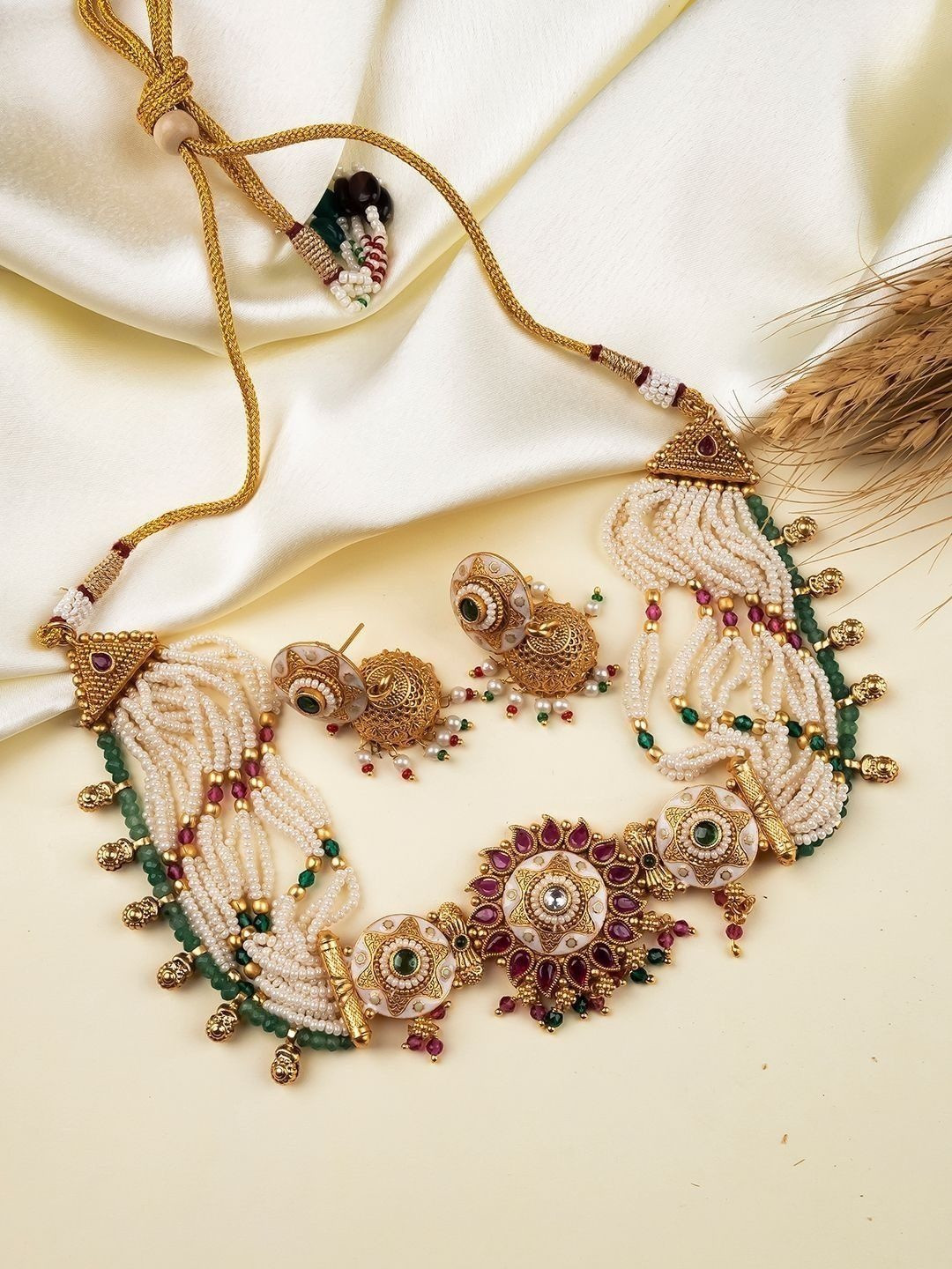 StileAdda Gold-Plated Rajwadi Stone Studded & Beaded Necklace and Earrings