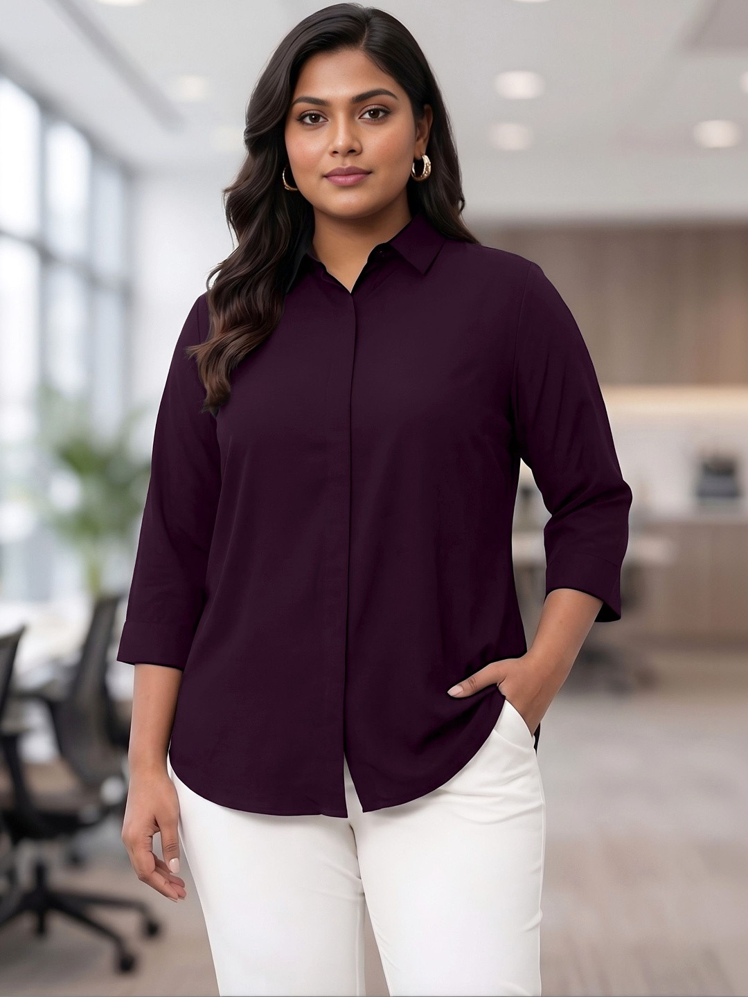 Indietoga Women Plus Size Solid Rayon Concealed Placket Formal Shirt