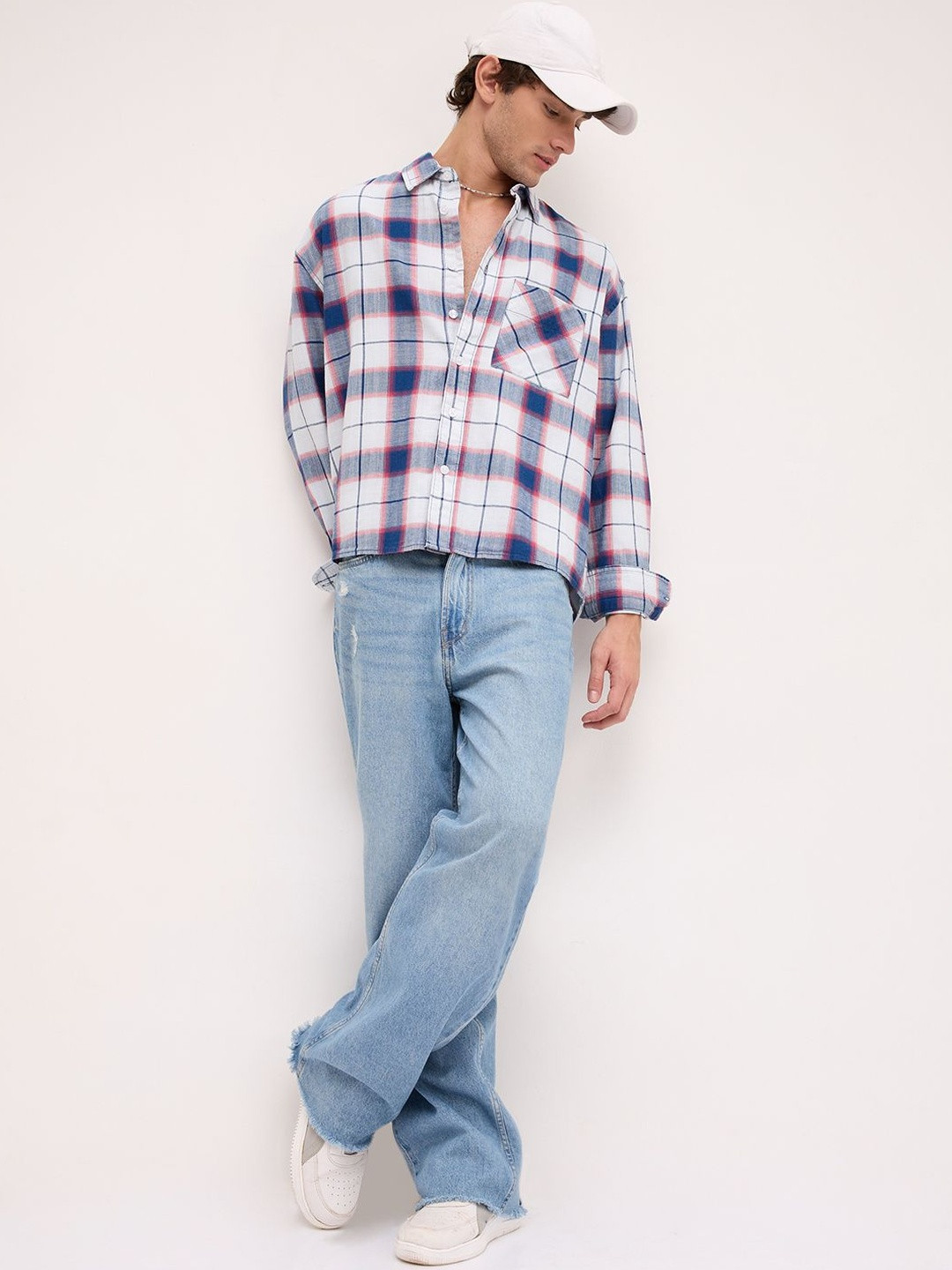 VASTRADO Denim Multi Tone Herringbone Checks Boxy Fit Crop Shirt