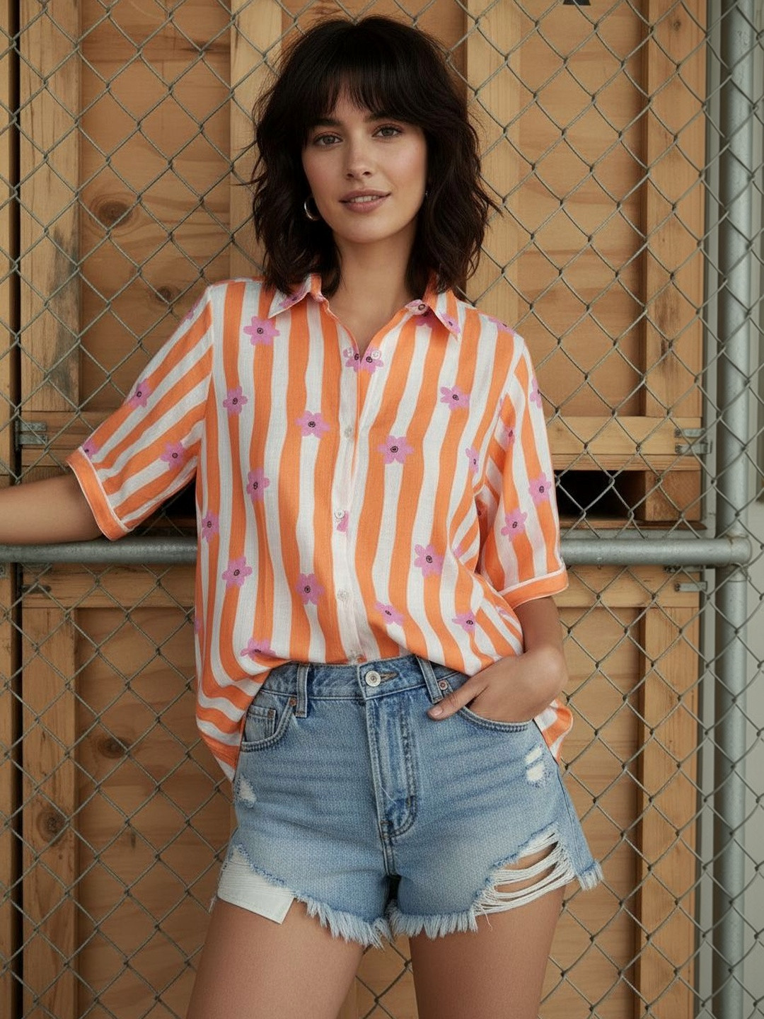 The Roadster Lifestyle Co Candy Strips Printed Spread Collar Short Sleeve Shirt