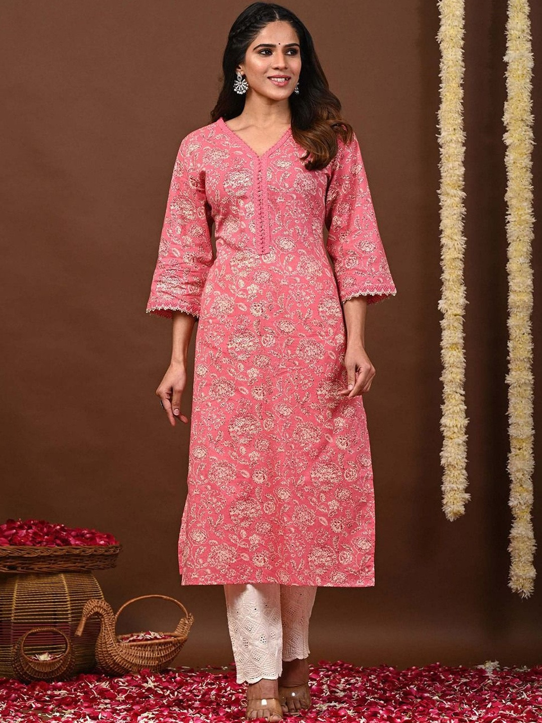 lavandis Floral Printed V-Neck Pure Cotton Kurti