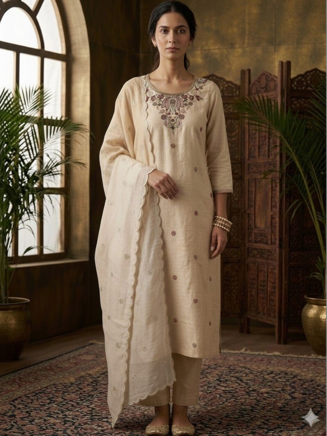 Moda Rapido Women Ethnic Motifs Embroidered Regular Thread Work Chanderi Silk Kurta with Trousers & With
