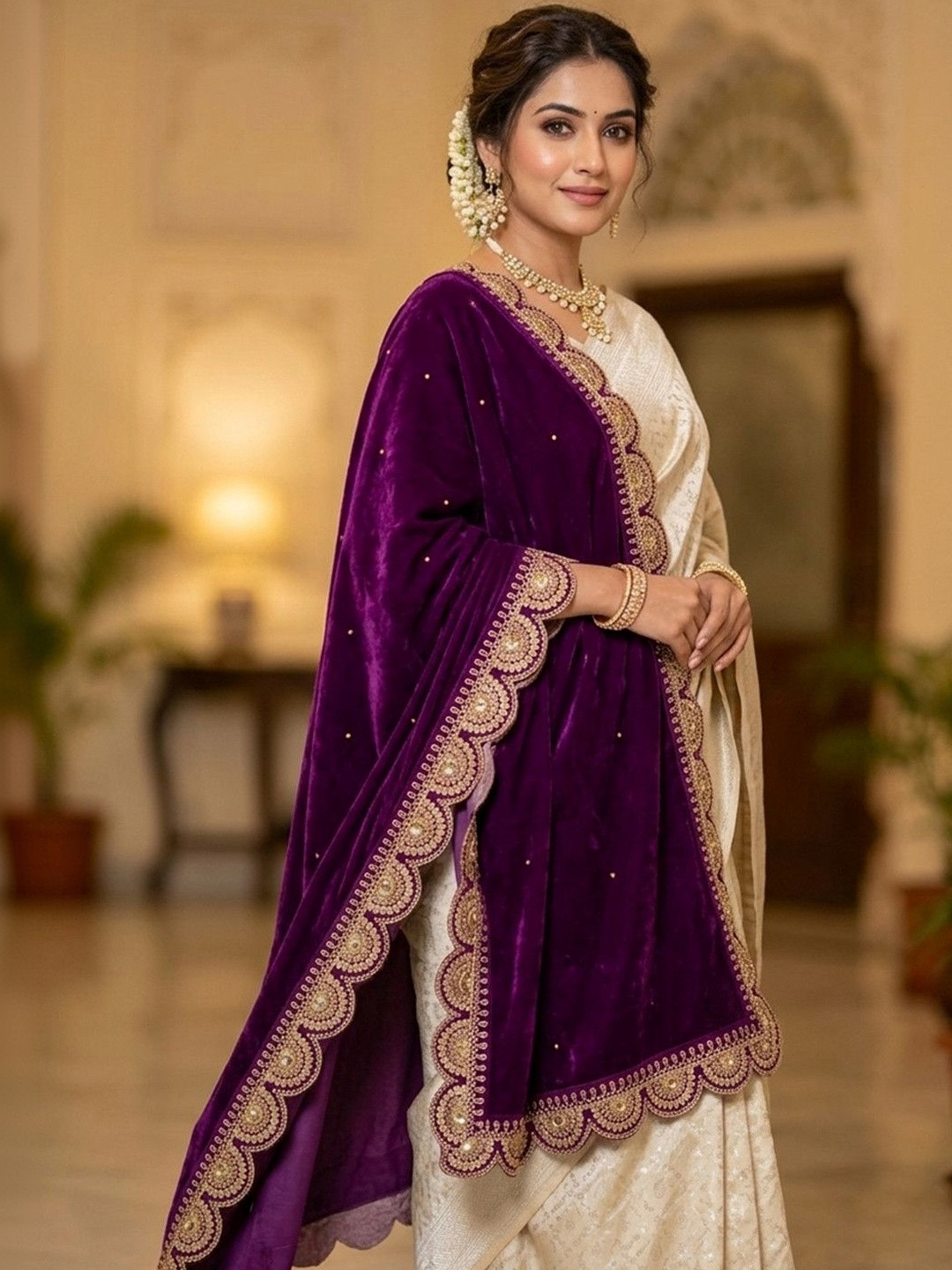 Navti Creations Embroidered Velvet Dupatta with Beads and Stones