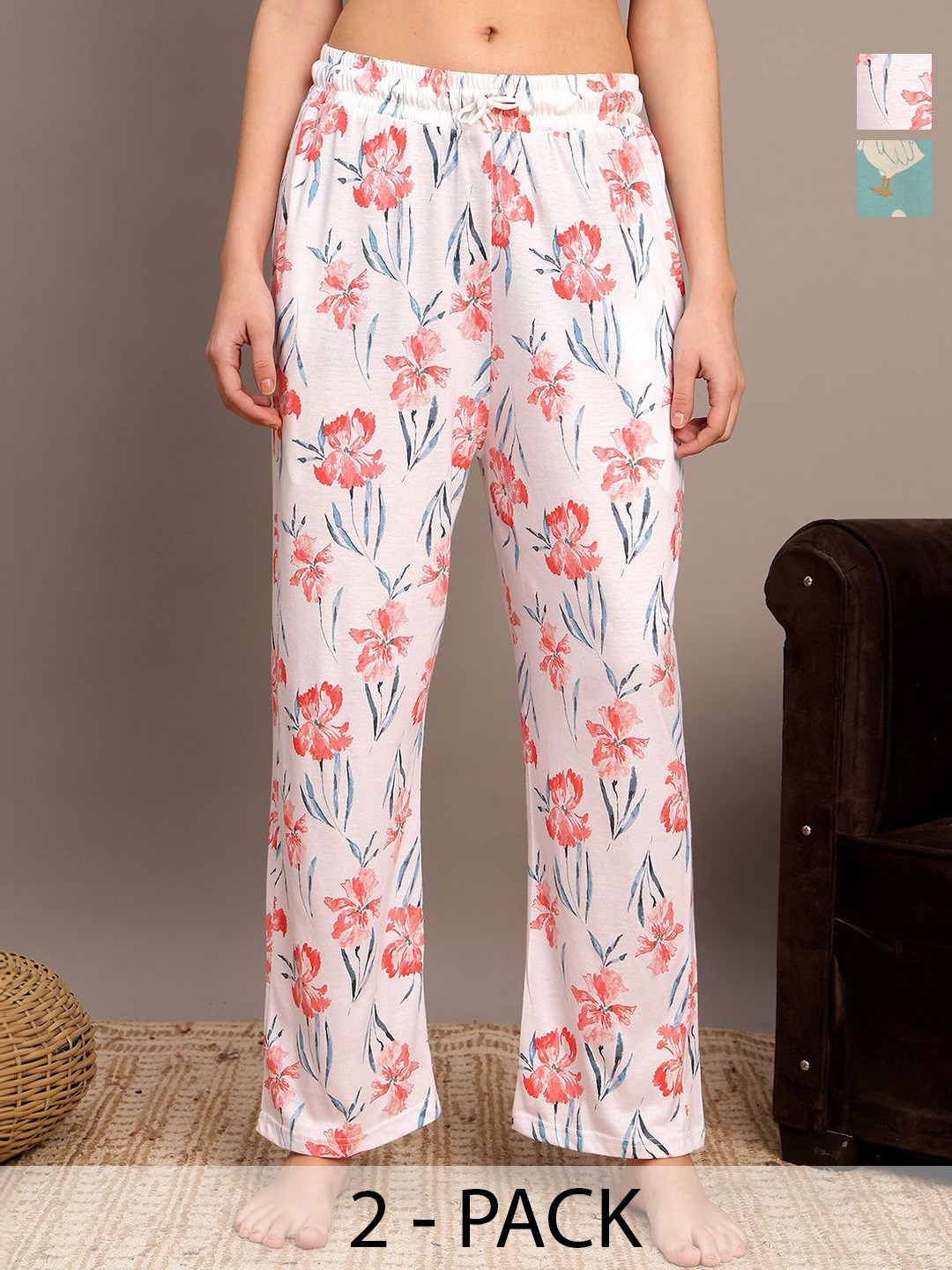 Valles365 by S.C. Women Pack of 2 Printed Cotton Mid-Rise Straight Lounge Pants