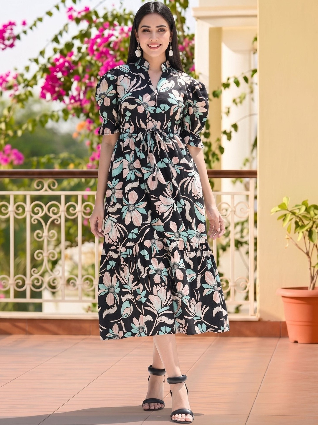 SZN Floral Print Puff Sleeve Crepe A-Line Midi Dress