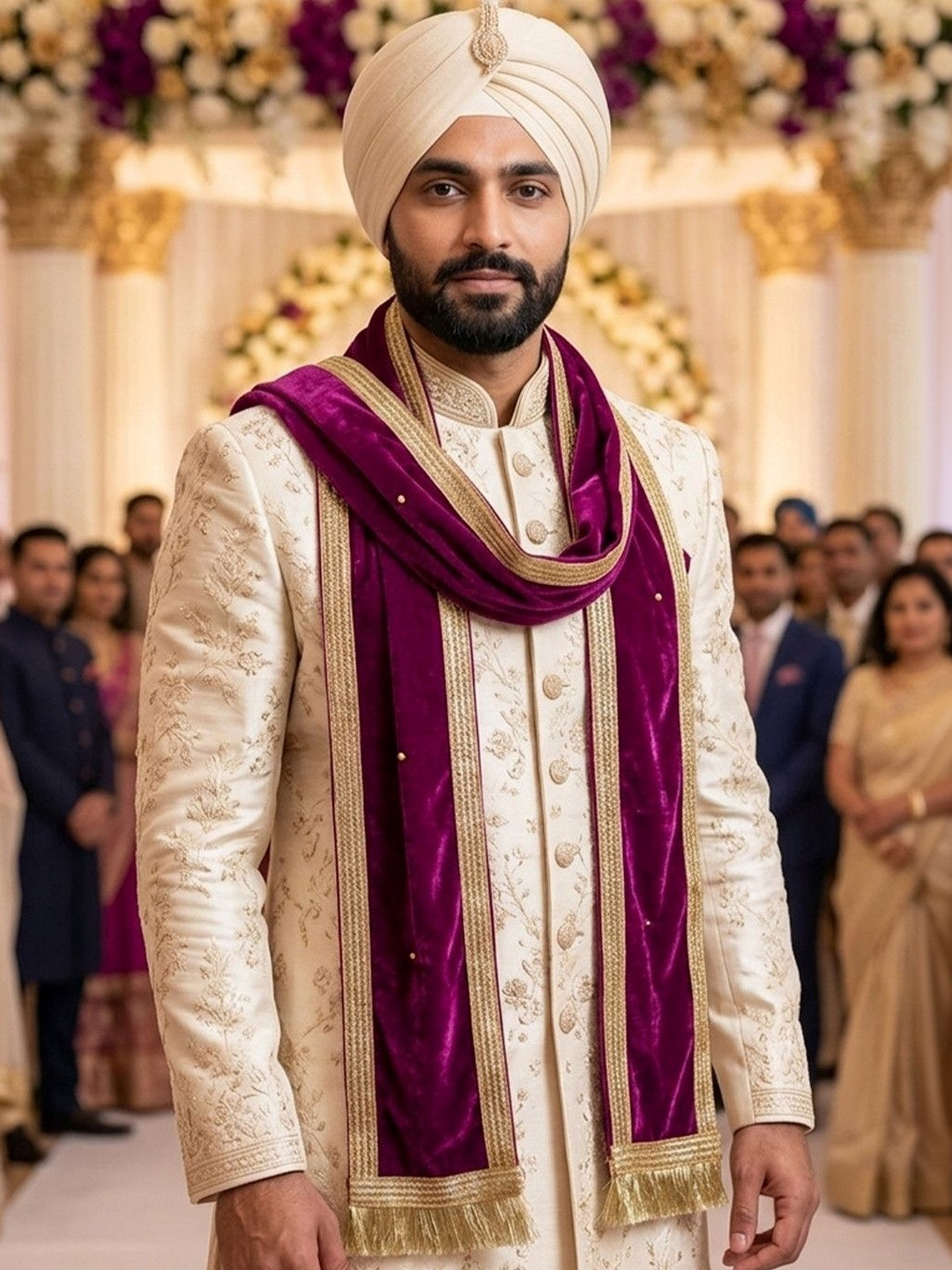 Navti Creations Men Purple Dyed Velvet Dupatta with Beads & Stones