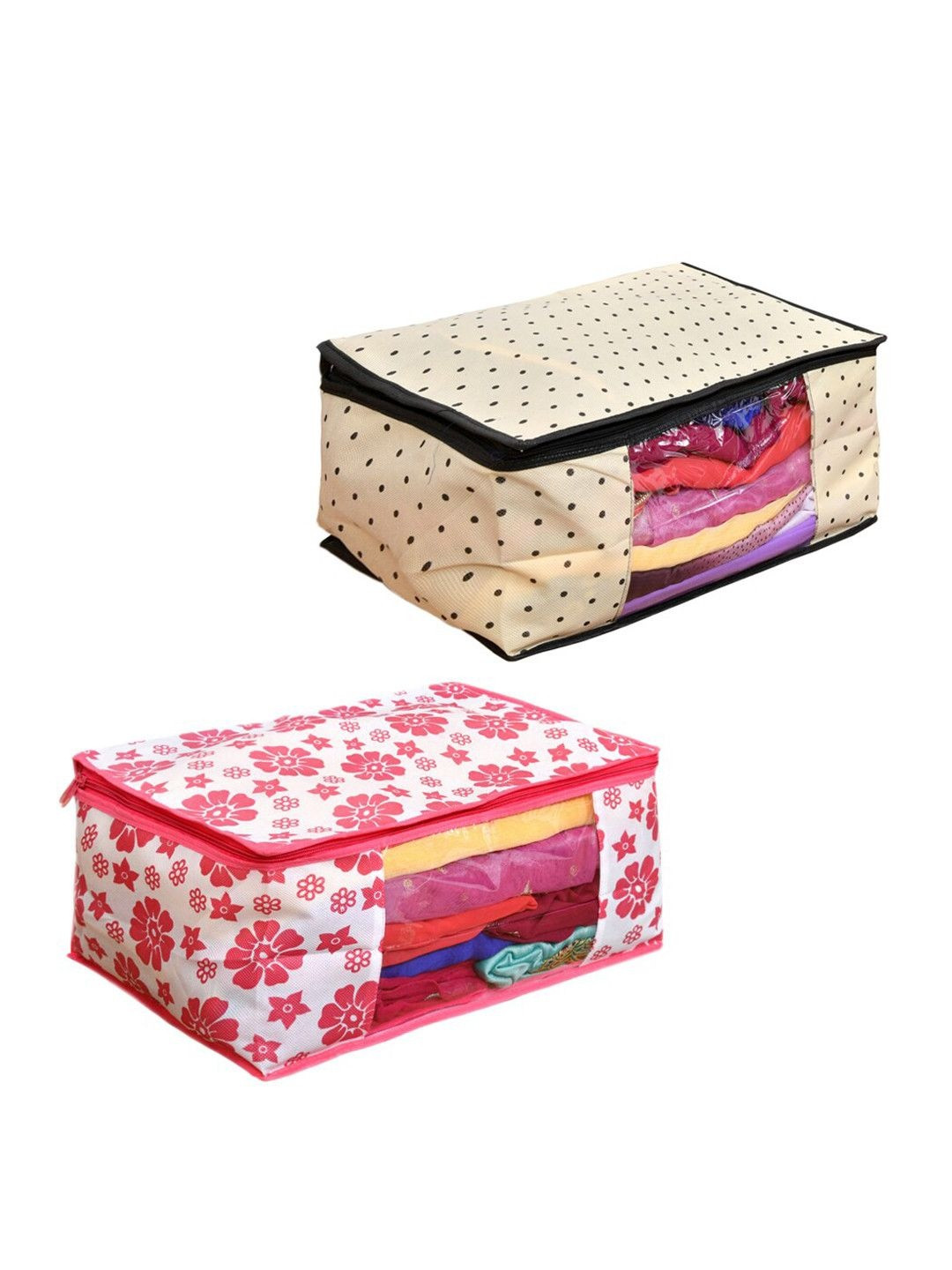 Home Fresh Set Of 2 Beige and Pink Printed Saree Organisers