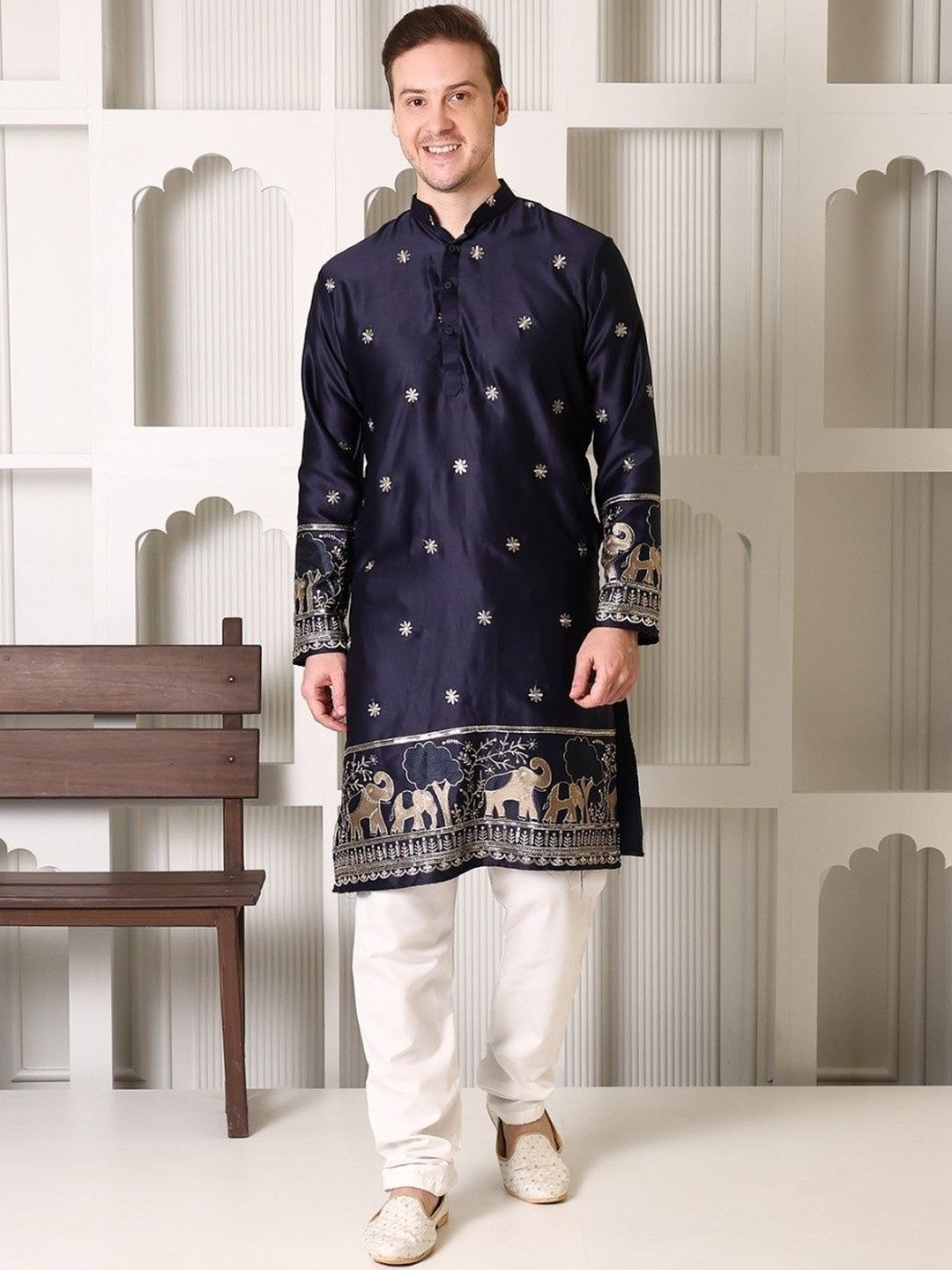 SHROBH Men Ethnic Motifs Embroidered Regular Thread Work Kurta with Pyjamas