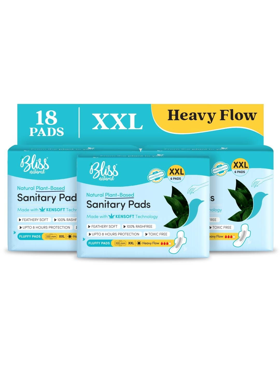 BLISSNATURAL Set of 3 Rash-Free Plant Based Sanitary Pads For Heavy Flow - 18 Pads - XXL