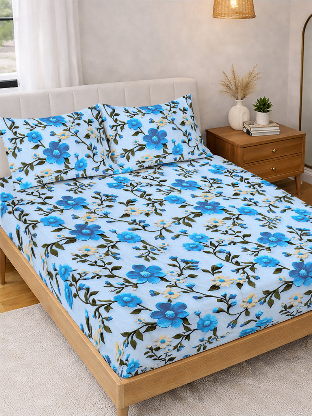 FABINALIV Blue Floral Polycotton 300 TC 7D Bedsheet with 2 Pillow Covers