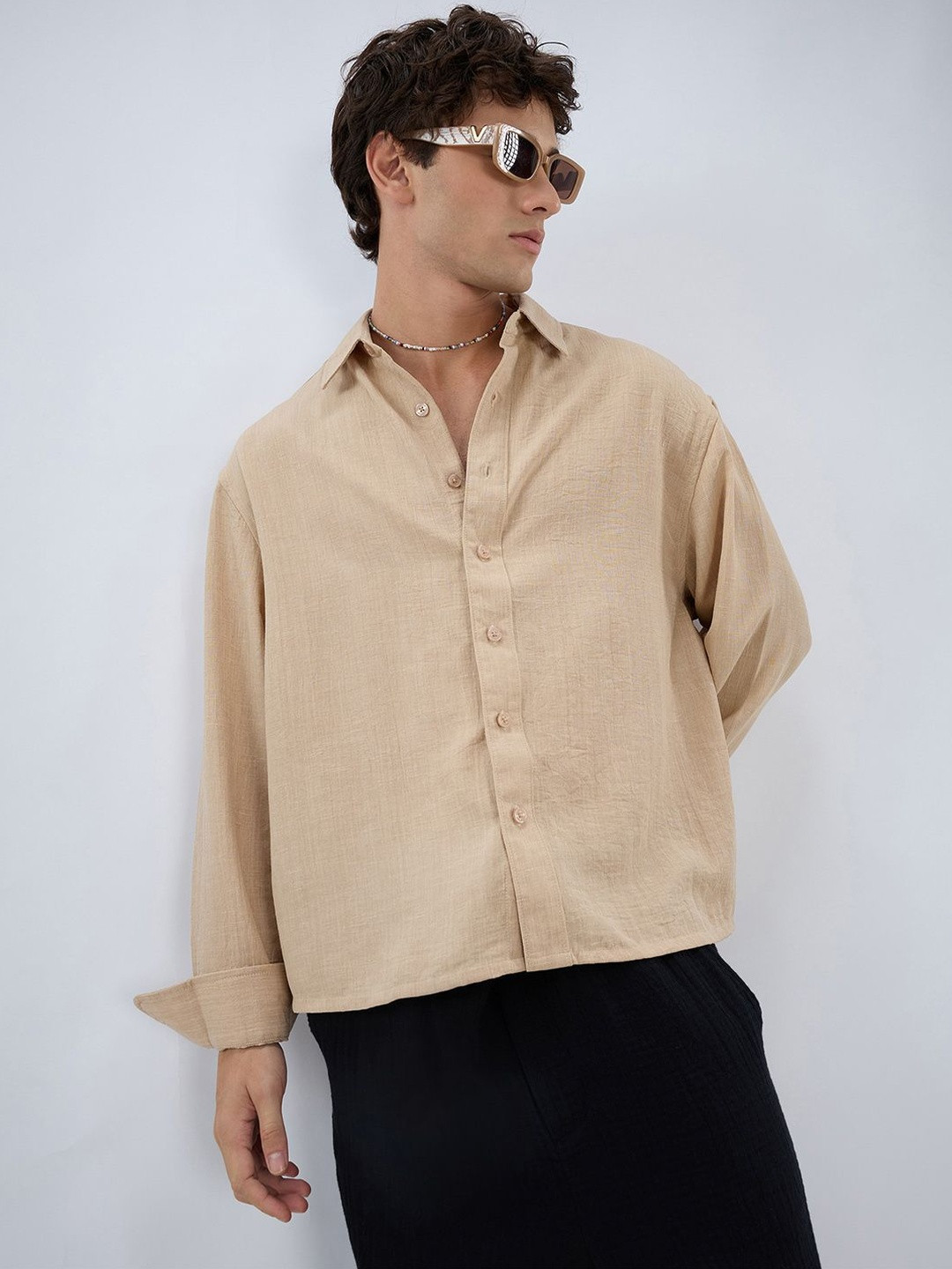 VASTRADO Beige Slub Textured Boxy Fit Crop Shirt