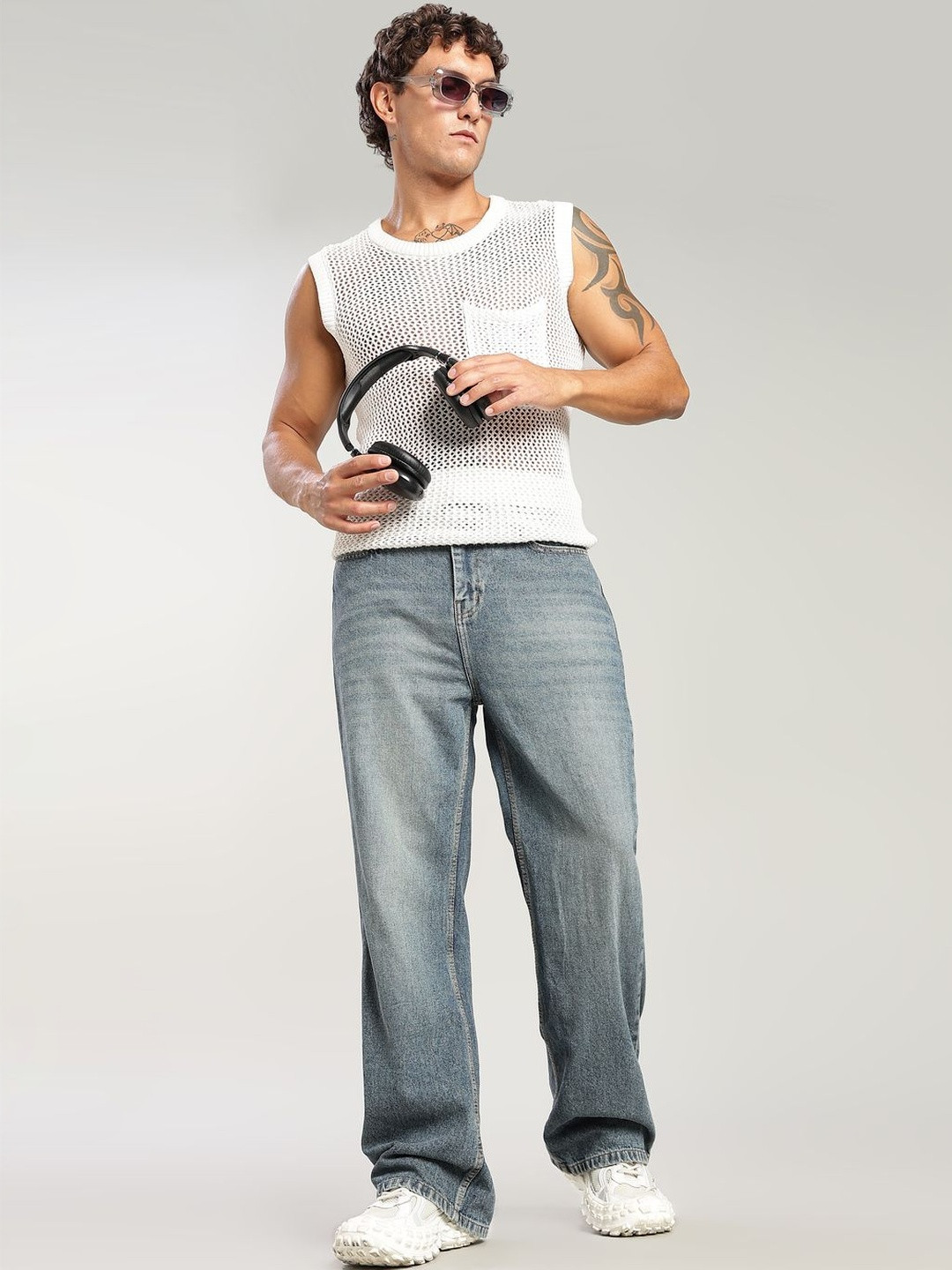 FOUL CHILD Men Wide Leg High-Rise Light Fade Jeans