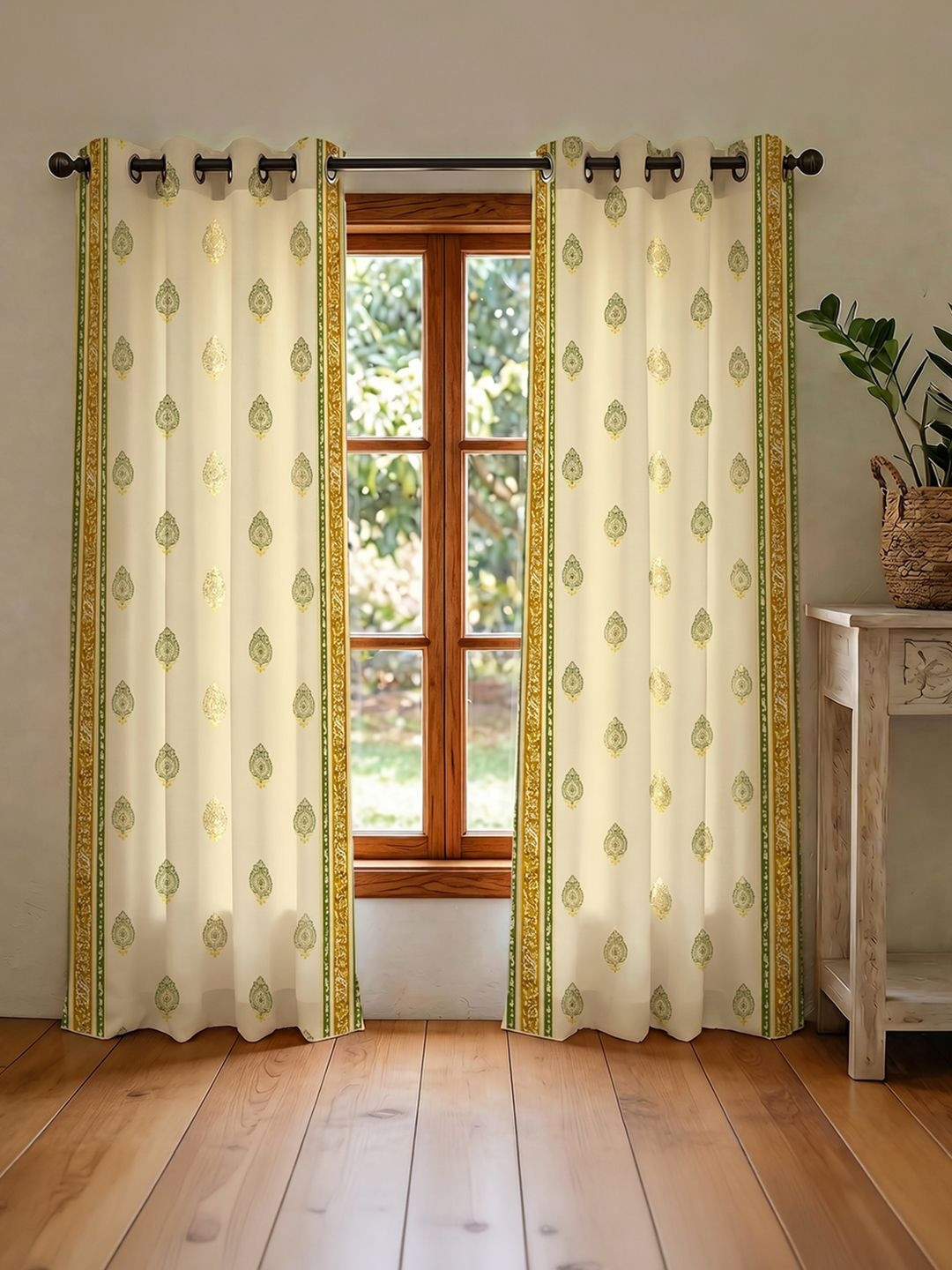 URBAN SPACE Green Off White Set of 2 Floral Room Darkening Cotton Door Curtain