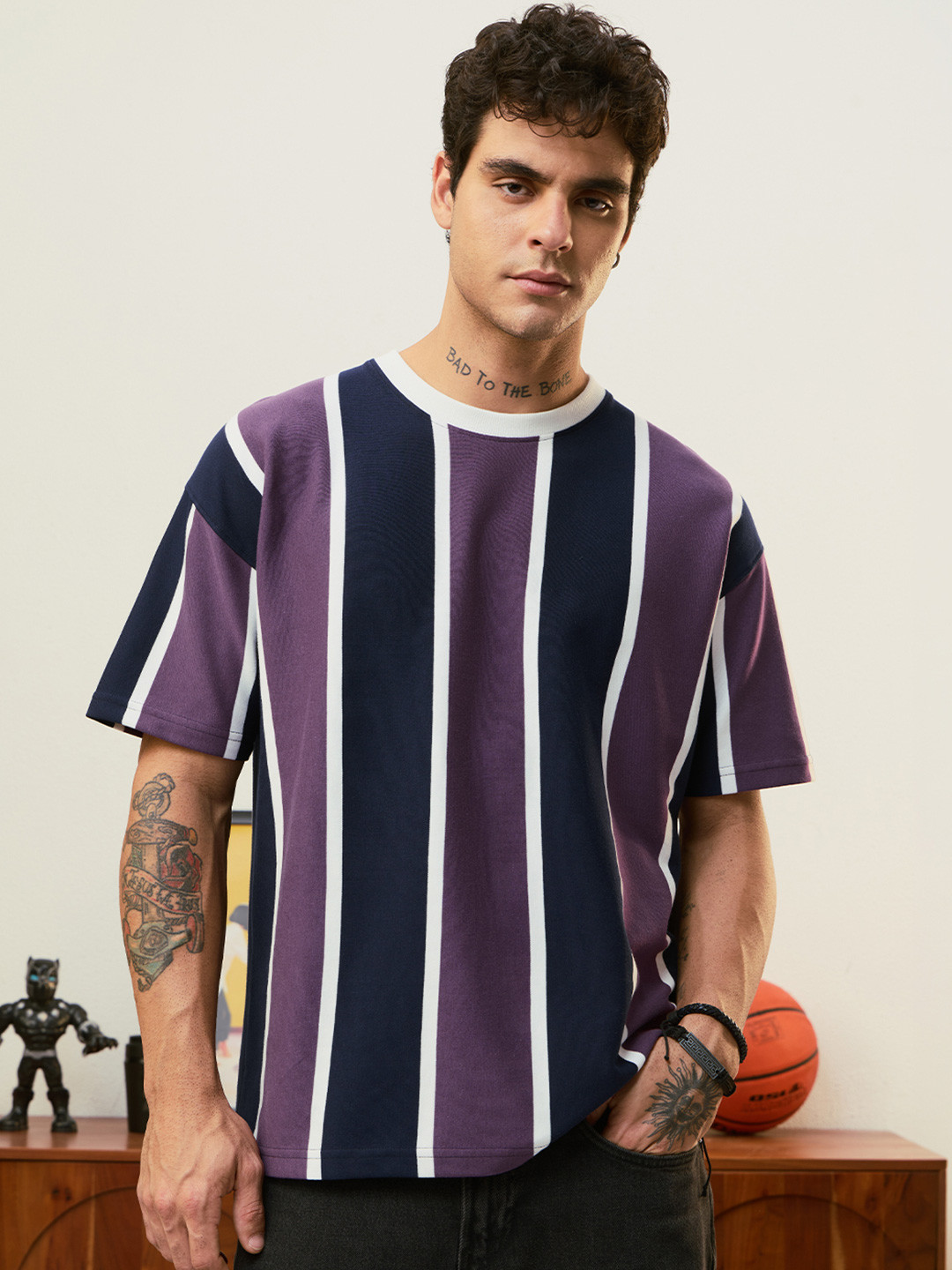 The Souled Store Men Oversized Fit Striped Purple T-Shirts