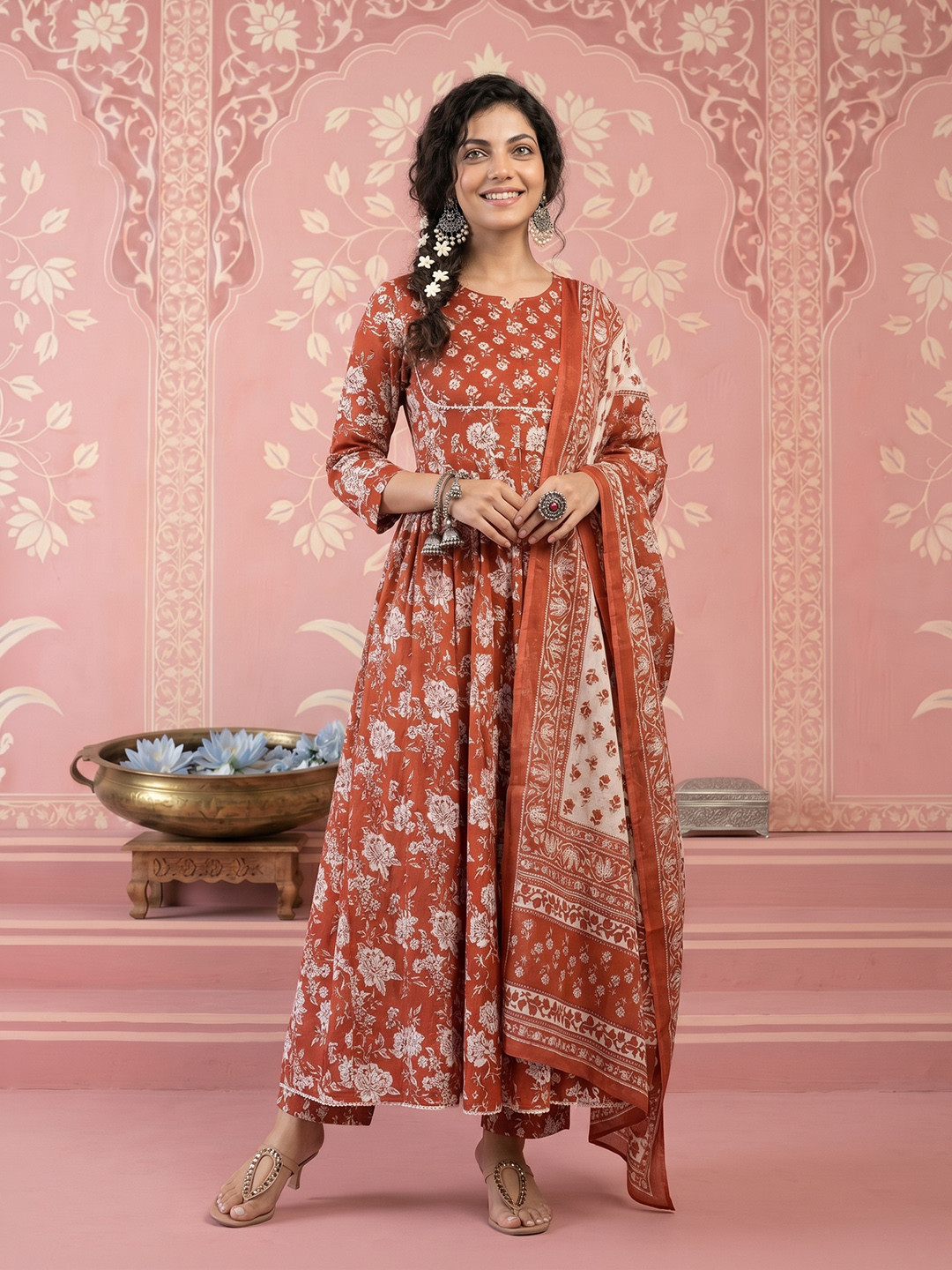 NAVYAAZRI Women Floral Printed Layered Pure Cotton Kurta with Trousers & With Dupatta