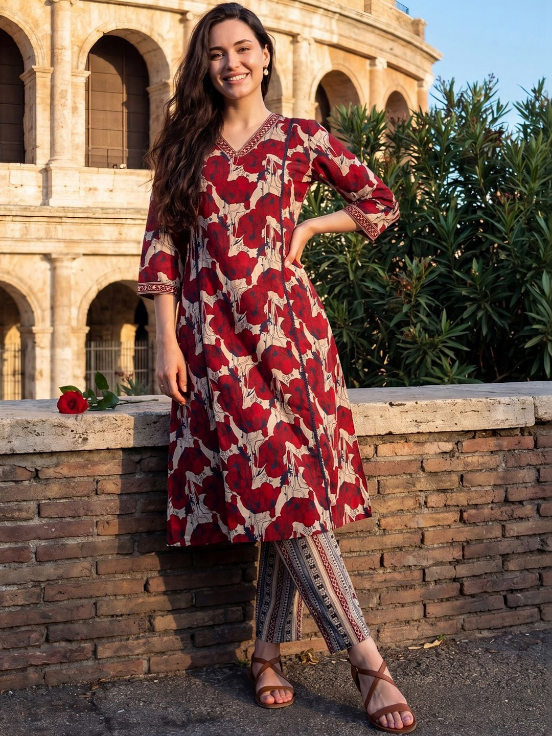 Indo Era Women Floral Printed Regular Pure Cotton Kurta with Trousers