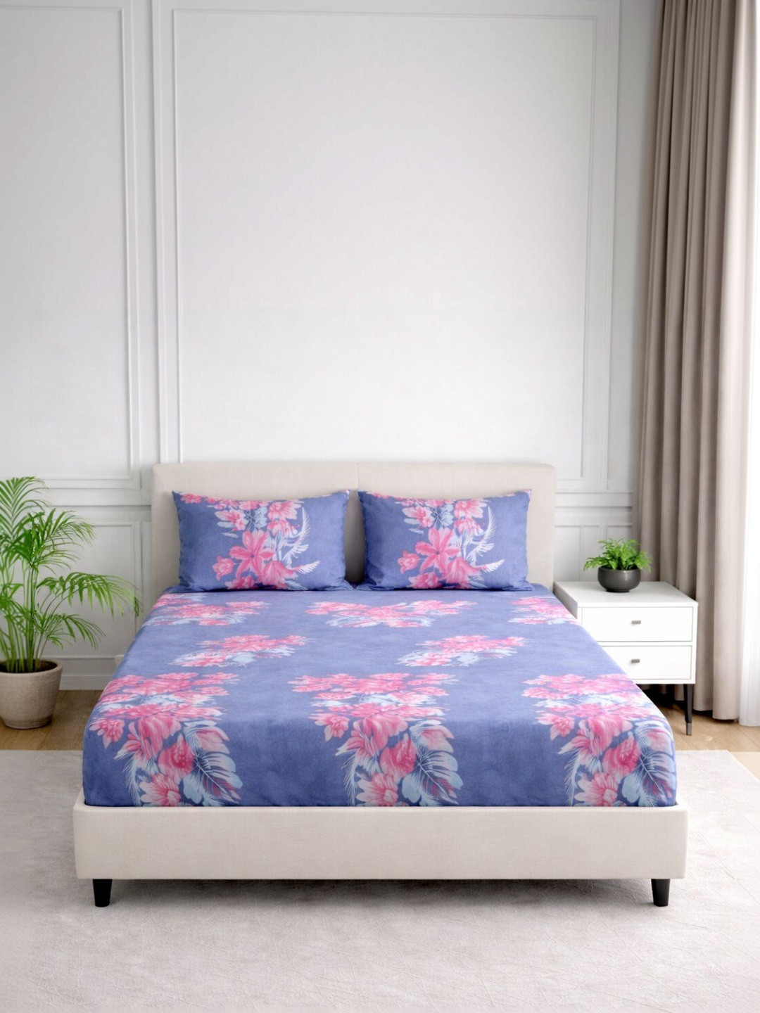 Nivasam Spade Navy Blue Floral Polycotton 186 TC Fitted King Fine Bedsheet with 2 Pillow Covers-78 x 72 inches