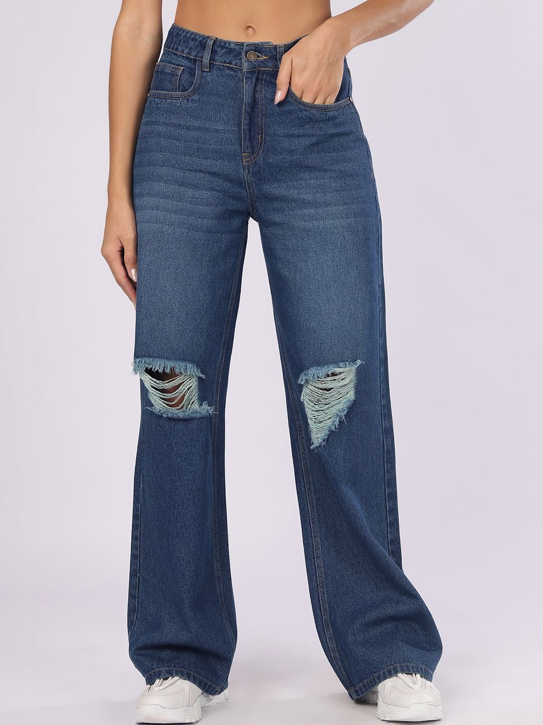 DOZER Women Straight Fit High-Rise Highly Distressed Cotton Light Fade Jeans