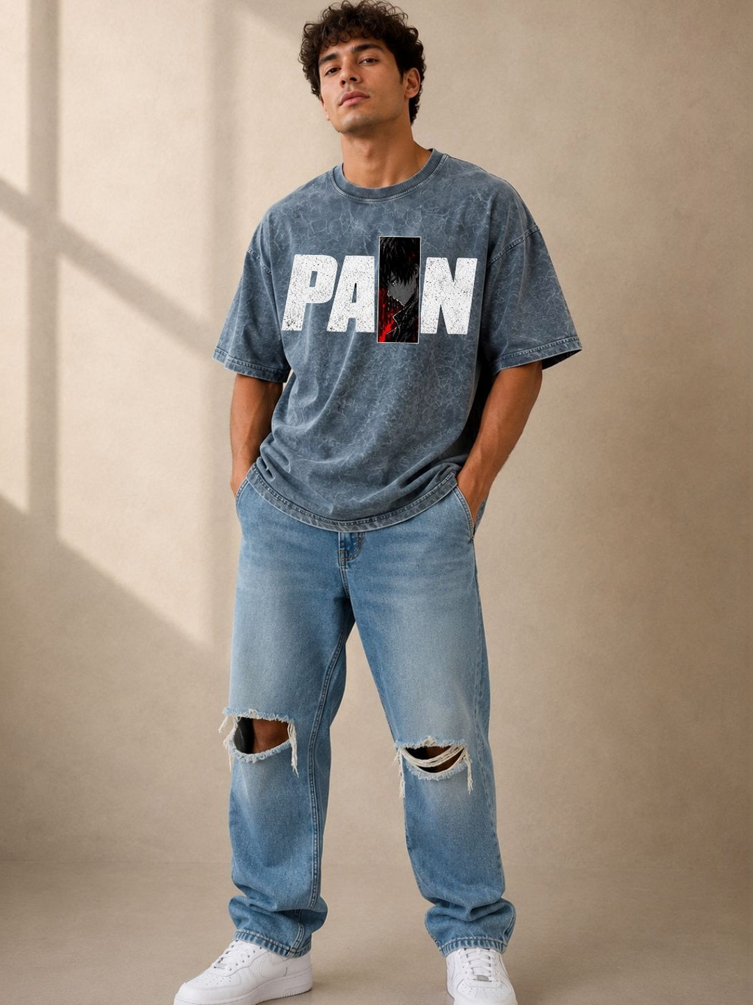 FRESHLOOMS Men Typography Printed Oversized Cotton Acid Wash T-shirt