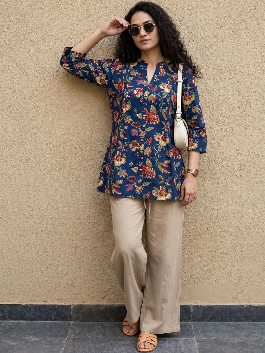 NISHABD Floral Printed Mandarin Collar Cotton Top