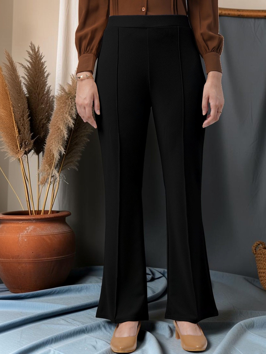 FUBACK Women Relaxed Straight Leg High-Rise Trousers