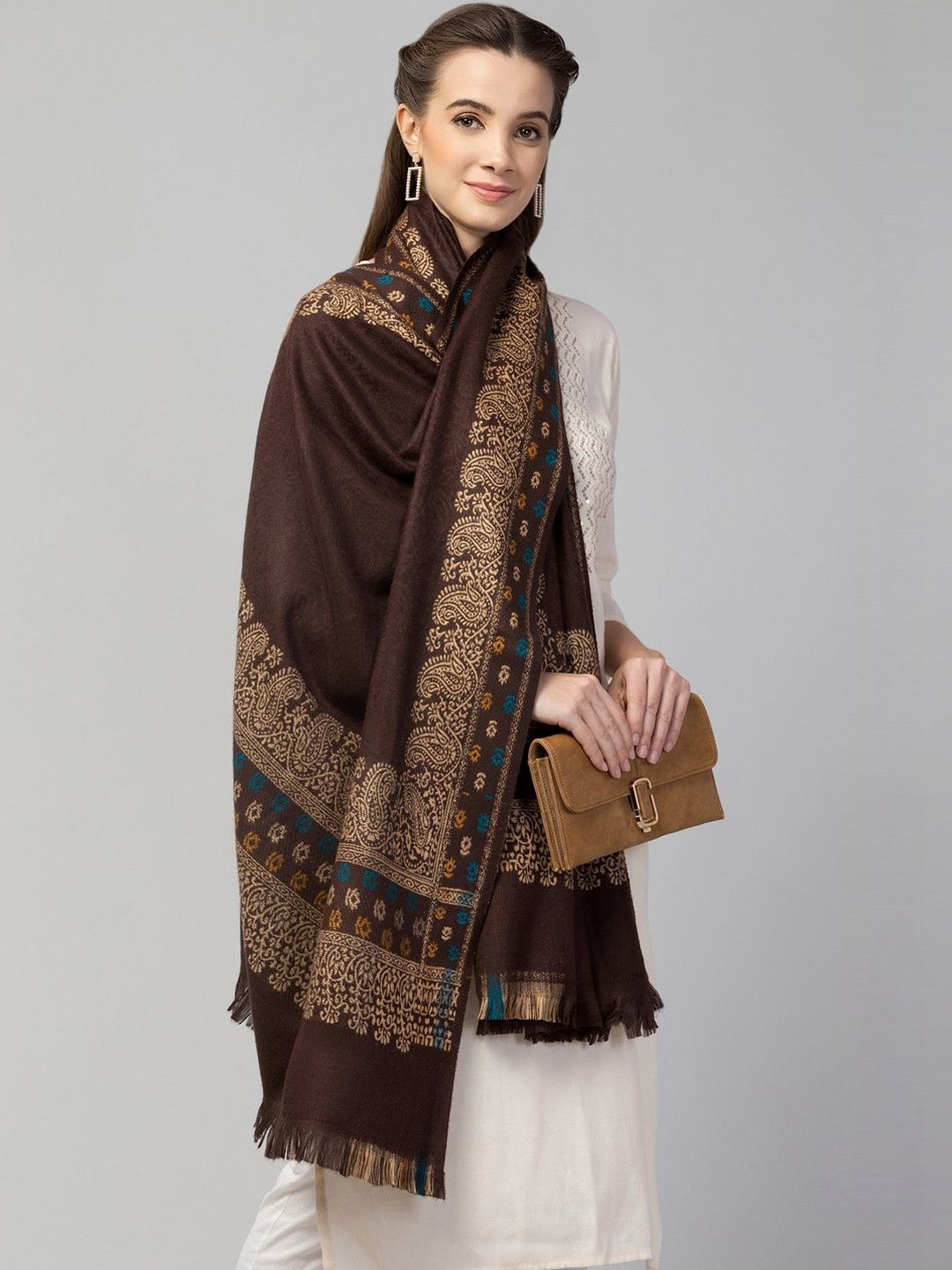 Tweedle Women Brown Woven Design Jamawar Shawl