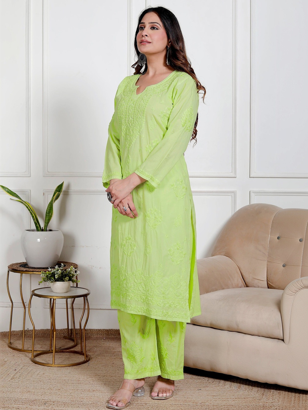 ETHNICHIK Women Hand Embroidered Pure Cotton Ankle-Length Trousers