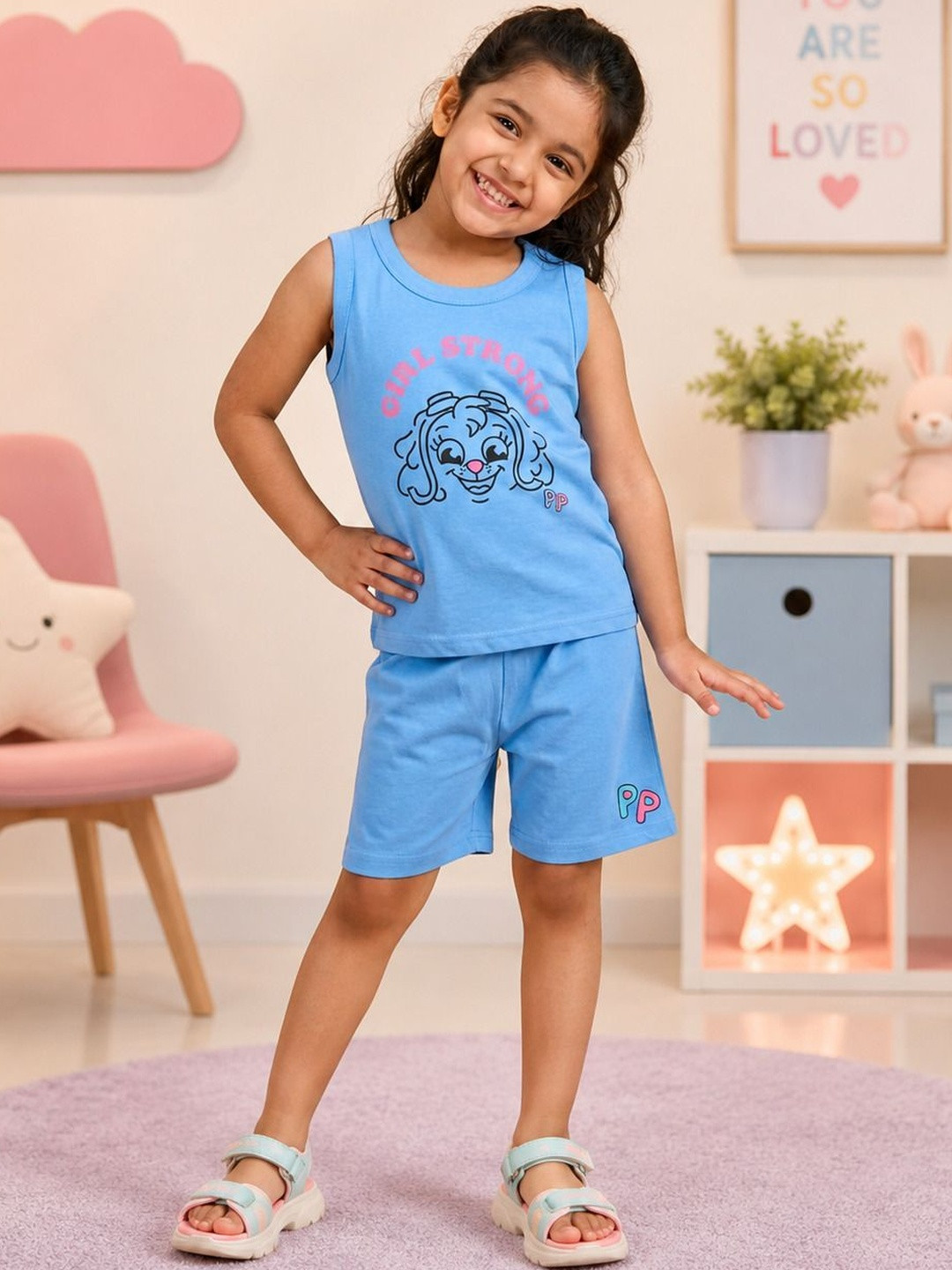Button Bear Girls Cotton PawPatrol Printed Regular Fit Sleeveless T-shirt with Shorts