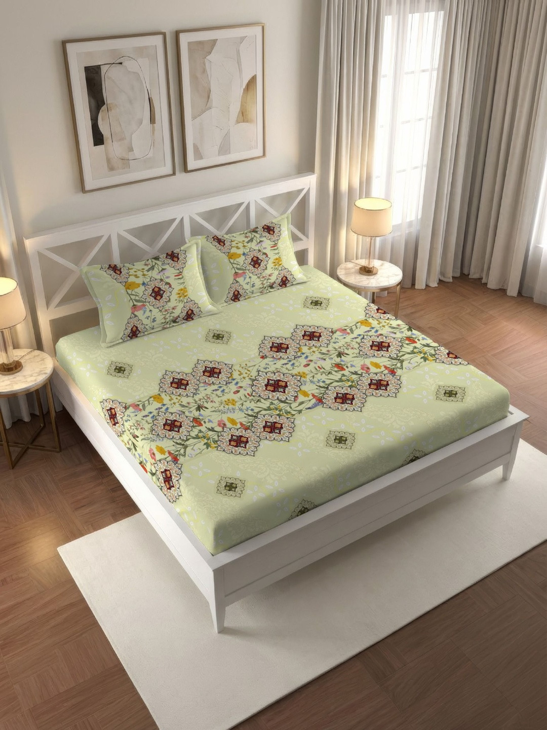 IWS Lime Green Floral 180 TC Bedsheet with 2 Pillow Covers