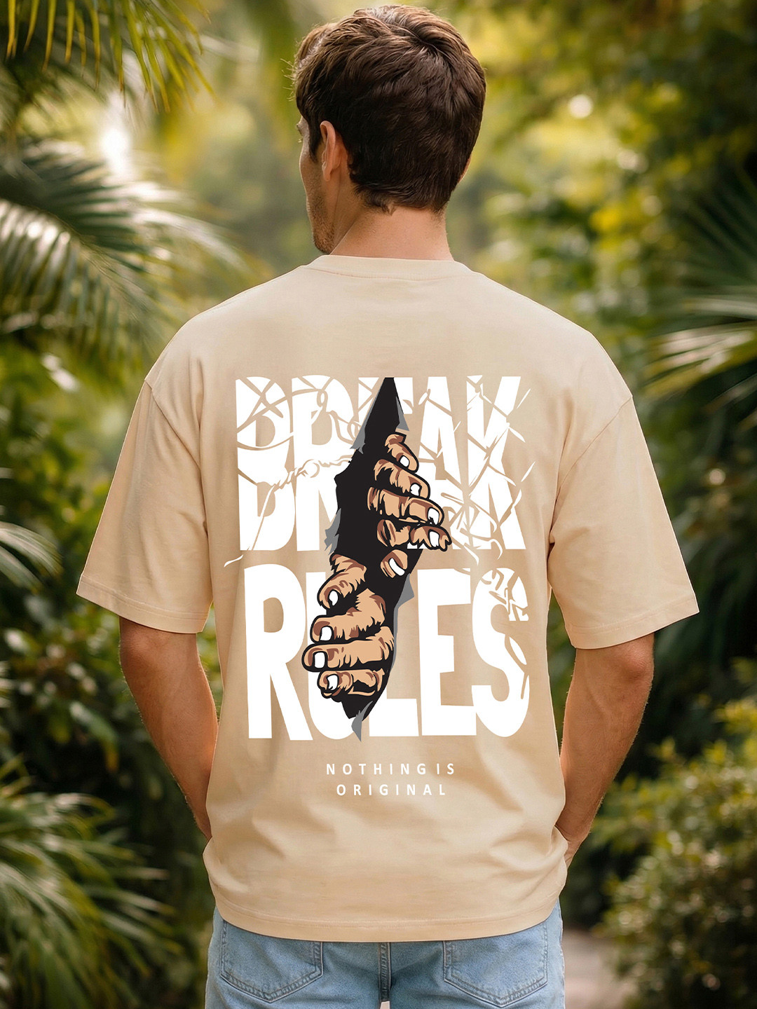 BENNY BROOKS Men Cream Round Neck Half Sleeve Oversized Tshirt