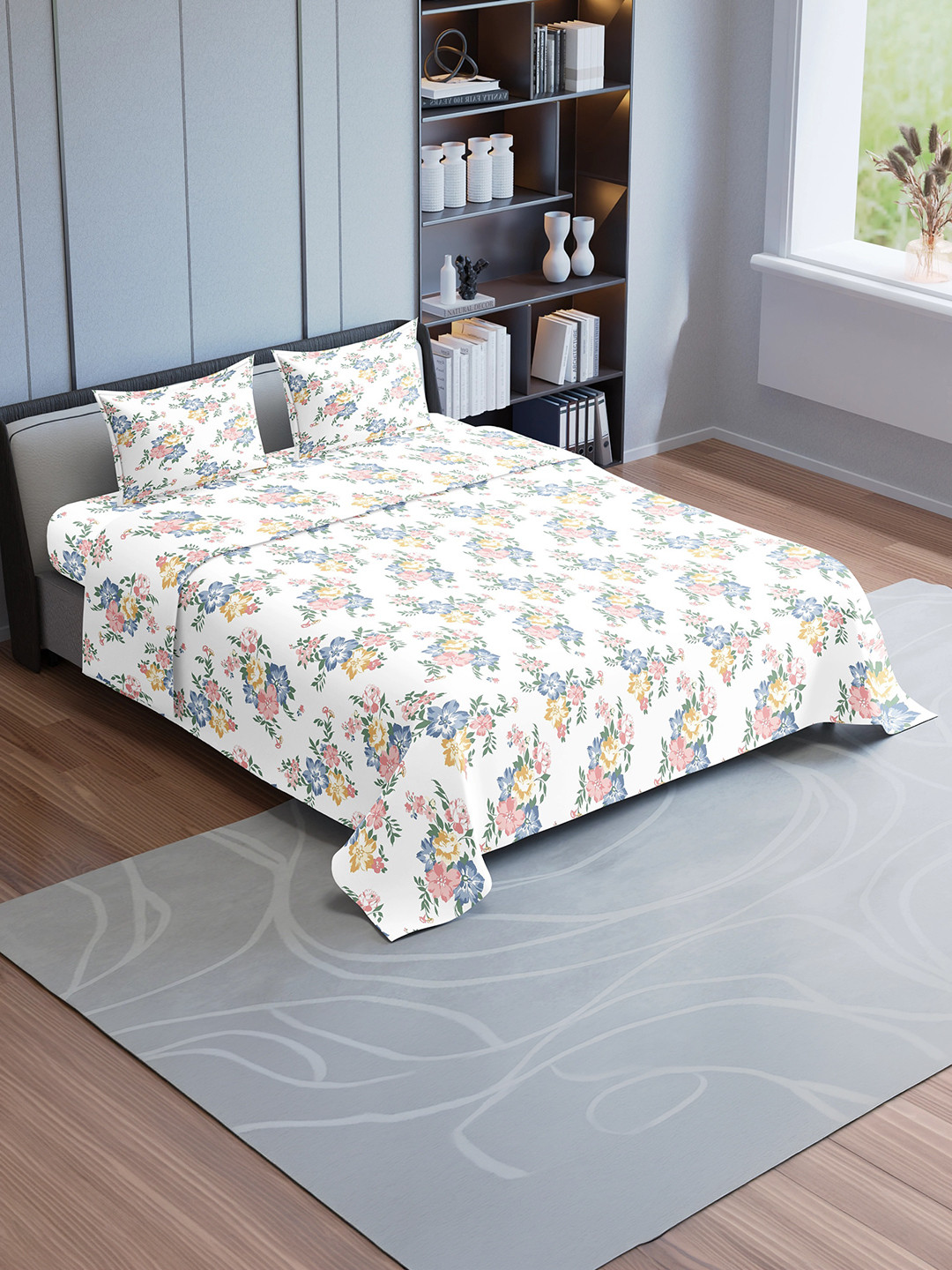 Synergized Cotton Horizon Blooms White Floral Pure Cotton Breathable 225 TC King Fine Bedsheet with 2 Pillow Covers-108 x 108 inches